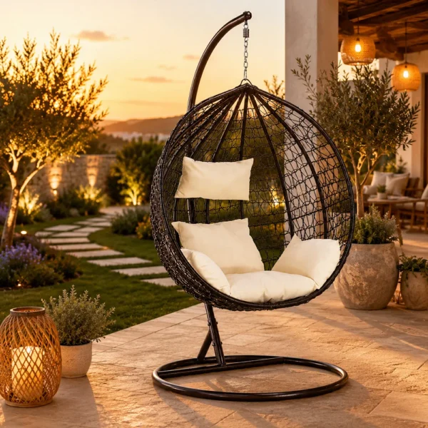 Fotoliu suspendat premium, poliratan maro, perne albe, tip cuib, 103x107x195 cm - imagine 4
