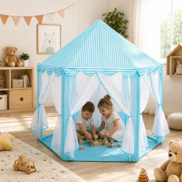 Cort copii, forma hexagonala, 6 intrari, pliabil, 135x140 cm, husa depozitare, alb albastru - imagine 15