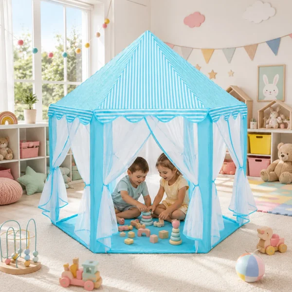 Cort copii, forma hexagonala, 6 intrari, pliabil, 135x140 cm, husa depozitare, alb albastru - imagine 12