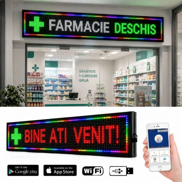 Reclama luminoasa led smd rgb 100x20 cm, text, imagini, animatii, wifi exterior slim - imagine 4