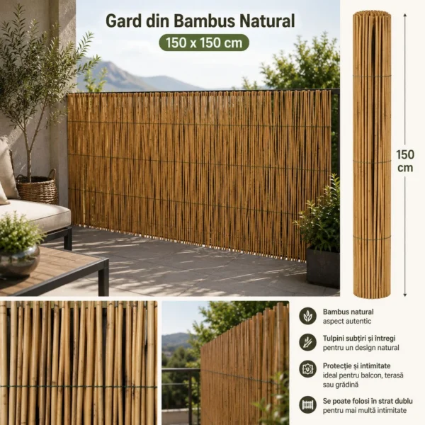 Gard din bambus natural 150x150 cm - paravan decorativ din tulpini intregi pentru gradina, terasa si balcon - imagine 8