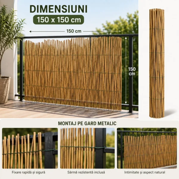 Gard din bambus natural 150x150 cm - paravan decorativ din tulpini intregi pentru gradina, terasa si balcon - imagine 7