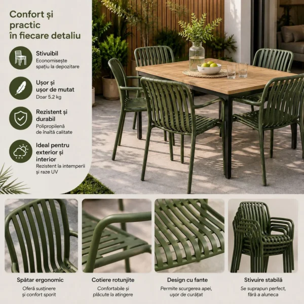Scaun de gradina stivuibil cu brate, pentru terasa si balcon, 54x58.5x80.5 cm culoare verde - imagine 11