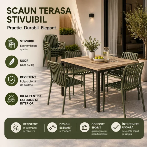 Scaun de gradina stivuibil cu brate, pentru terasa si balcon, 54x58.5x80.5 cm culoare verde - imagine 12