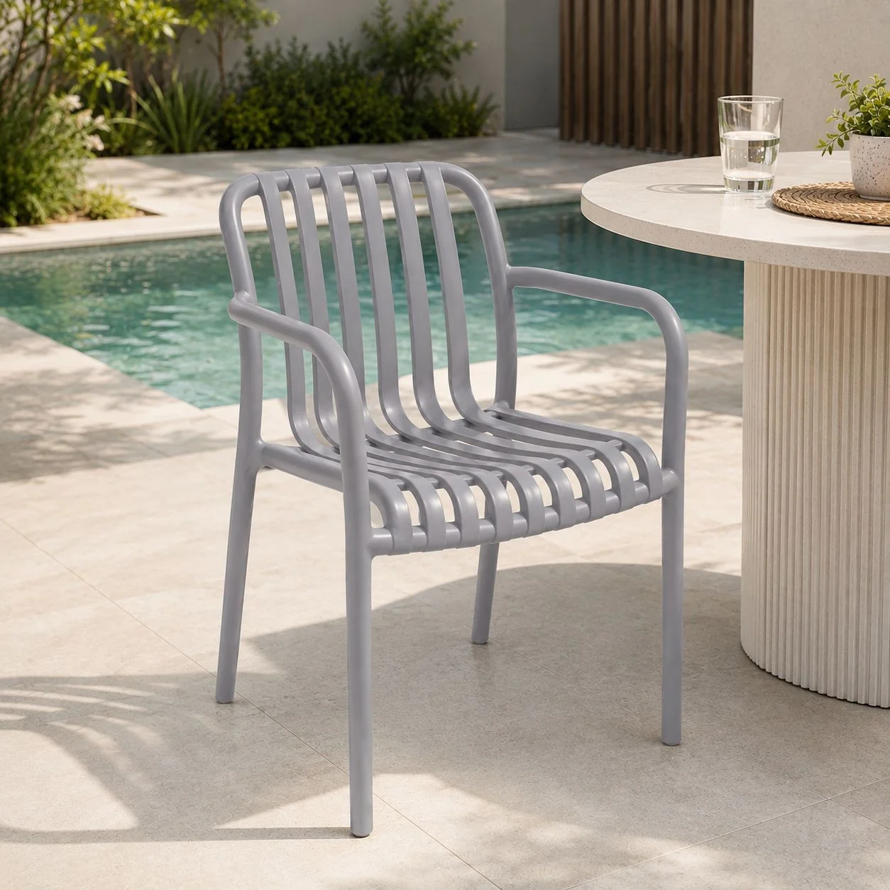 Scaun de gradina stivuibil cu brate, pentru terasa si balcon, 54x58.5x80.5 cm culoare gri 2 222327 scaun de gradina stivuibil cu brate pentru terasa si balcon 54x585x805 cm