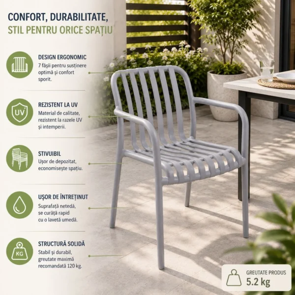 Scaun de gradina stivuibil cu brate, pentru terasa si balcon, 54x58.5x80.5 cm culoare gri - imagine 5