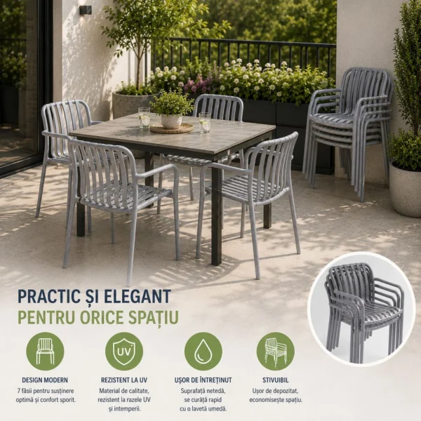 Scaun de gradina stivuibil cu brate, pentru terasa si balcon, 54x58.5x80.5 cm culoare gri - imagine 6