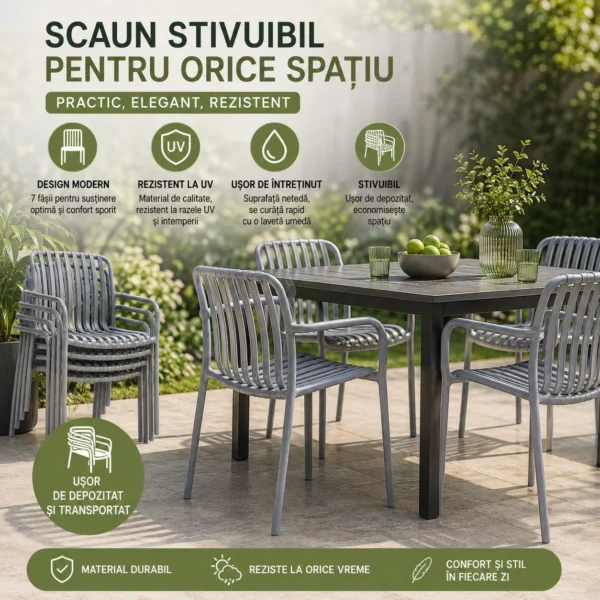 Scaun de gradina stivuibil cu brate, pentru terasa si balcon, 54x58.5x80.5 cm culoare gri - imagine 11