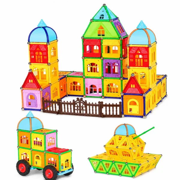 Set constructii magnetic, 130 piese, constructie 3d castel, masinuta, varsta 6+, procart - imagine 12