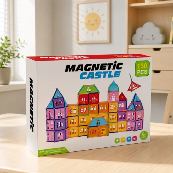 Set constructii magnetic, 130 piese, constructie 3d castel, masinuta, varsta 6+, procart - imagine 19