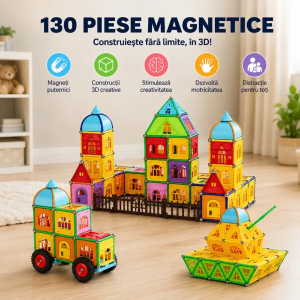 Set constructii magnetic, 130 piese, constructie 3d castel, masinuta, varsta 6+, procart - imagine 13