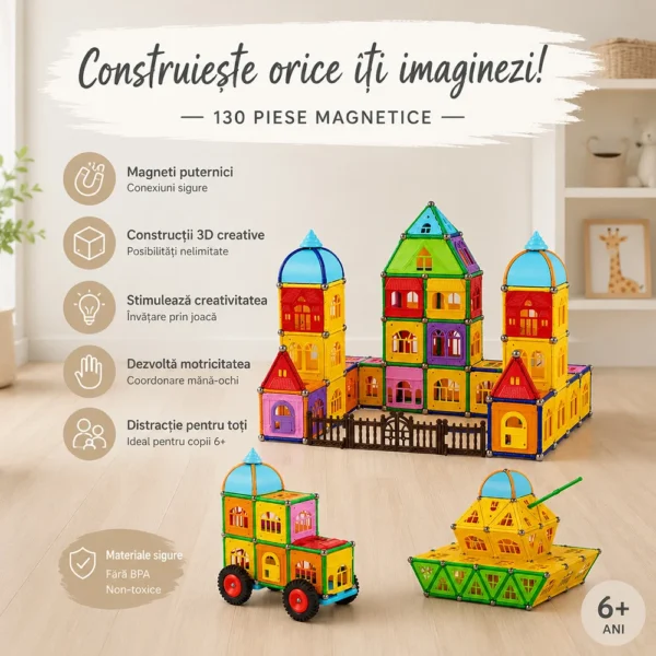 Set constructii magnetic, 130 piese, constructie 3d castel, masinuta, varsta 6+, procart - imagine 14