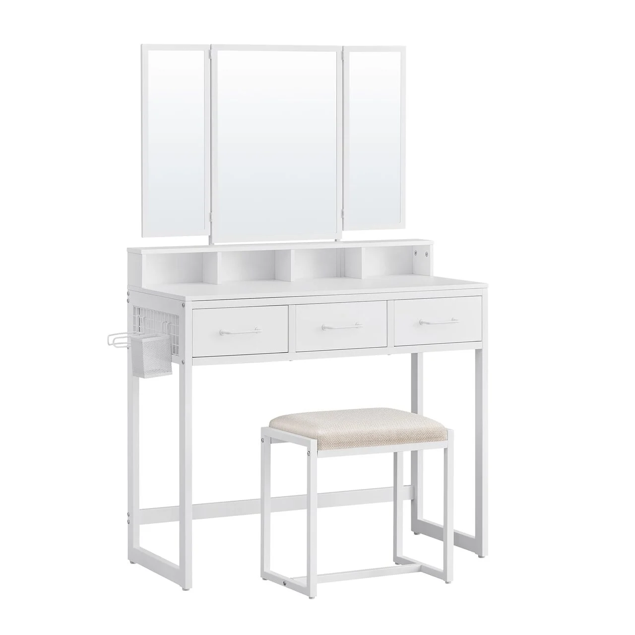 Masa de toaleta/machiaj, Artool, alba, cu 3 oglinzi, taburet, 3 sertare, 90x40x141 cm 1 Masa de toaleta/machiaj, Artool, alba, cu 3 oglinzi, taburet, 3 sertare, 90x40x141 cm