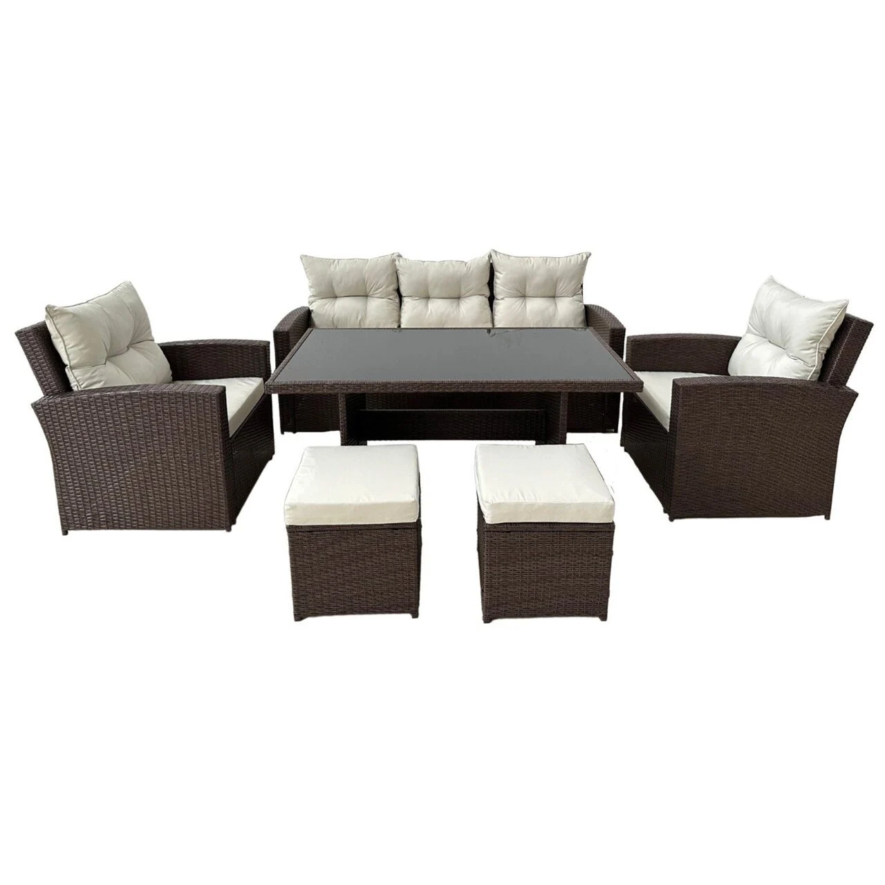 Set mobilier gradina/terasa, maro si bej, 1 masa, 2 scaune, 2 tabureti, 1 canapea, Dolores