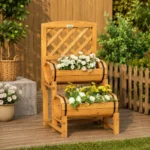 Jardiniera decorativa cu suport pentru plante cataratoare, lemn, 2 nivele, tip butoi, 45x45x80 cm