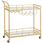 Carucior servire, raft mobil pentru bucatarie, Artool, pe roti, otel, sticla, cu suport pahare si sticle, auriu, 86x38x90 cm