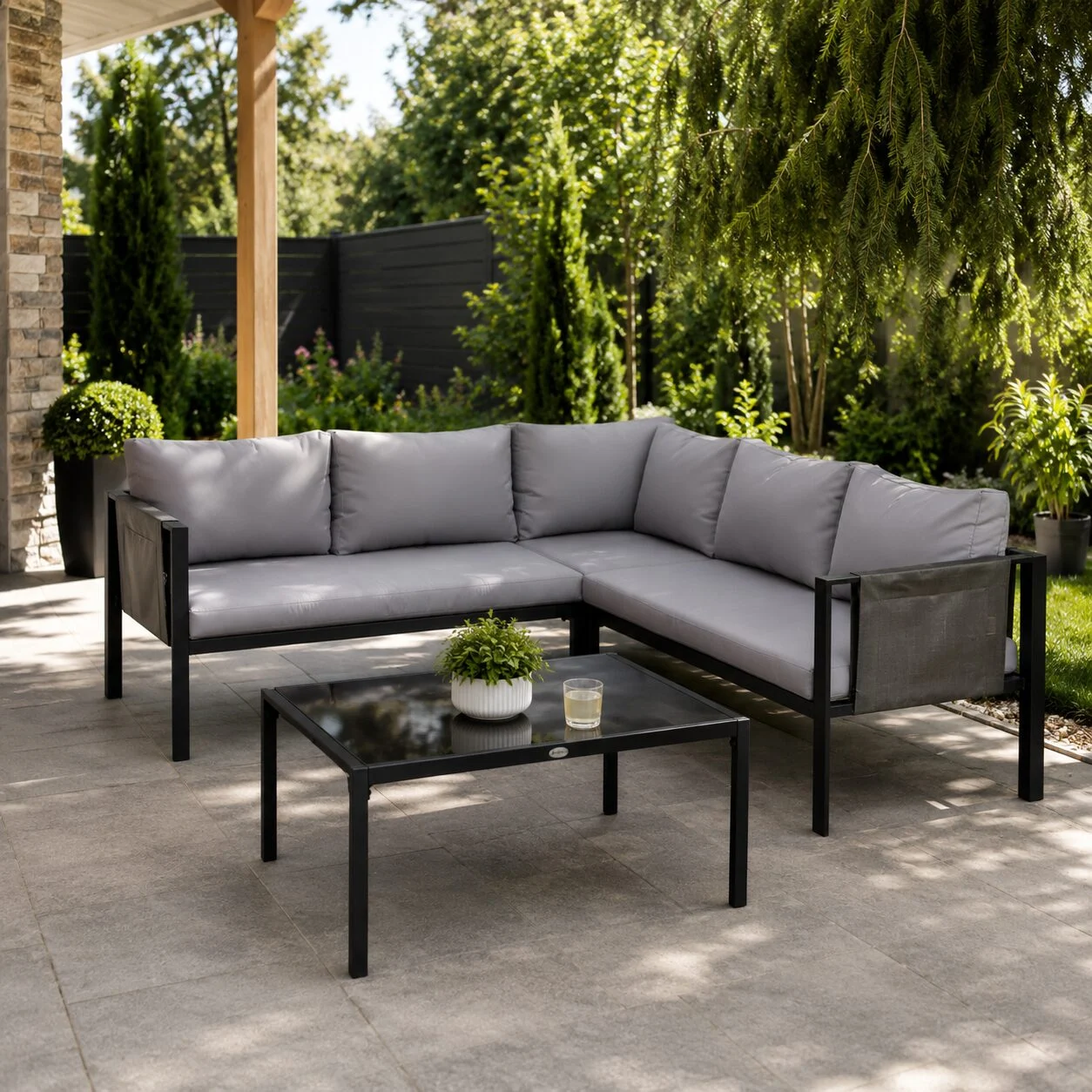 Set mobilier gradina/terasa, gri si negru, 1 masa, 3 canapele, Kayden Set mobilier gradina/terasa, gri si negru, 1 masa, 3 canapele, Kayden - imagine 1
