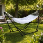 Hamac poliester cu suport otel, husa, alb, 263x89x100 cm