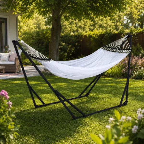 Hamac poliester cu suport otel, husa, alb, 263x89x100 cm - imagine 1