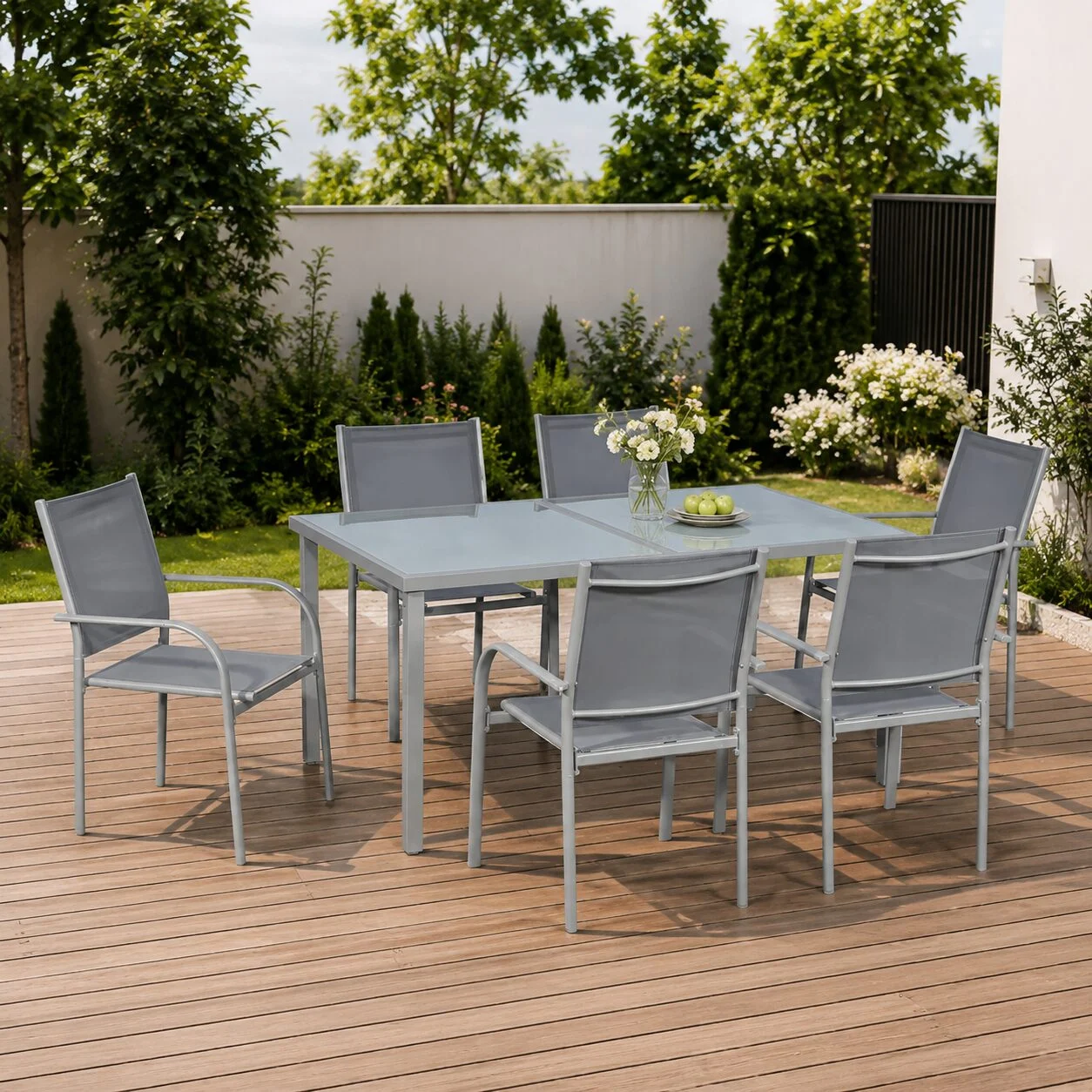 Set mobilier gradina/terasa, aluminiu, blat sticla, gri si argintiu, 1 masa, 6 scaune, Sway Set mobilier gradina/terasa, aluminiu, blat sticla, gri si argintiu, 1 masa, 6 scaune, Sway - imagine 1