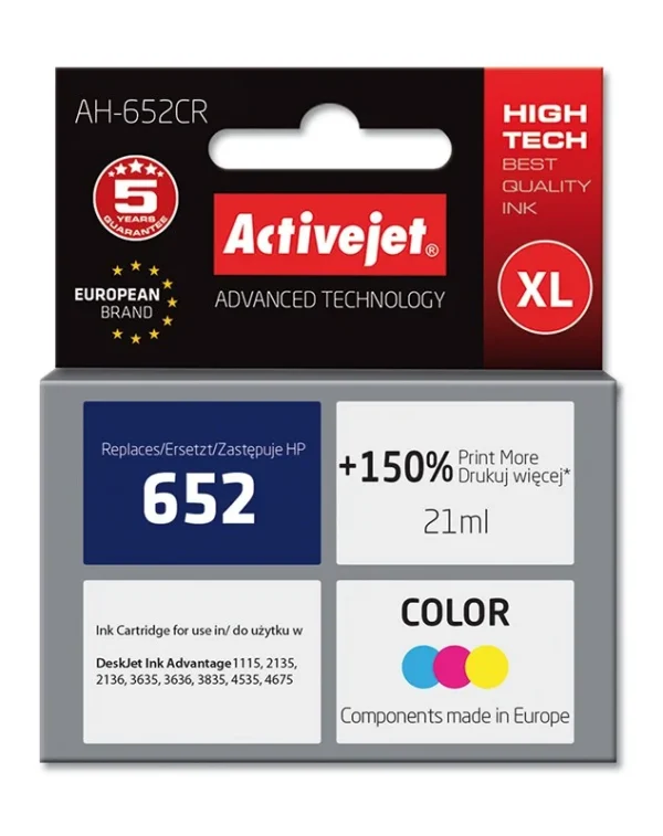 Cartus compatibil hp 652 xl color pentru hp, 21 ml, premium activejet, garantie 5 ani - imagine 1