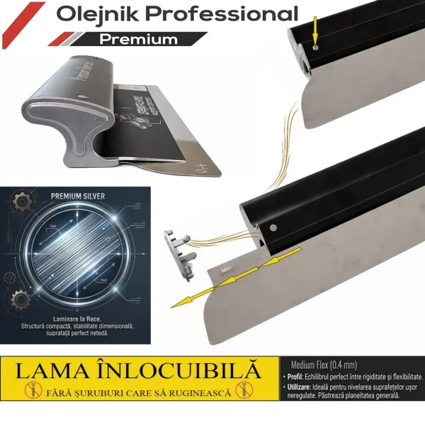 Gletiera profesionala, maner aluminiu, lama inox 0.4 mm, Premium Silver, Medium Flex, 60 cm, Ergoplane, Olejnik - imagine 7