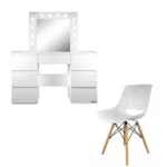 Masa de toaleta/machiaj + scaun Lars, alba, cu oglinda si LED-uri, Vanessa, 130x43x143 cm