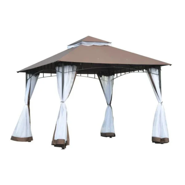Pavilion/foisor pentru gradina/terasa, cadru metalic, cu plasa pentru insecte, maro si alb, 2.95x2.95x2.7 m - imagine 11