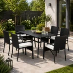 Set mobilier gradina/terasa, negru si bej, ratan sintetic, 1 masa, 6 scaune, Lynna