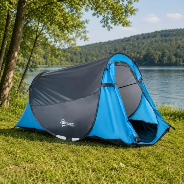 Cort camping, 2 persoane, impermeabil, tip igloo, cu husa, albastru deschis, 220x108x110 cm - imagine 1