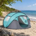 Cort camping, 4 persoane, impermeabil, tip igloo, cu 2 ferestre, 2 intrari, husa, deschidere automata, albastru deschis si gri, 286x209x122 cm