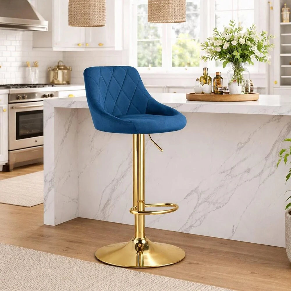 Set 2 scaune de bucatarie/bar, Artool, Kast, rotativ, catifea bleumarin, picior metal auriu, 45.5x49x85-105 cm 2 Set 2 scaune de bucatarie/bar, Artool, Kast, rotativ, catifea bleumarin, picior metal auriu, 45.5x49x85-105 cm