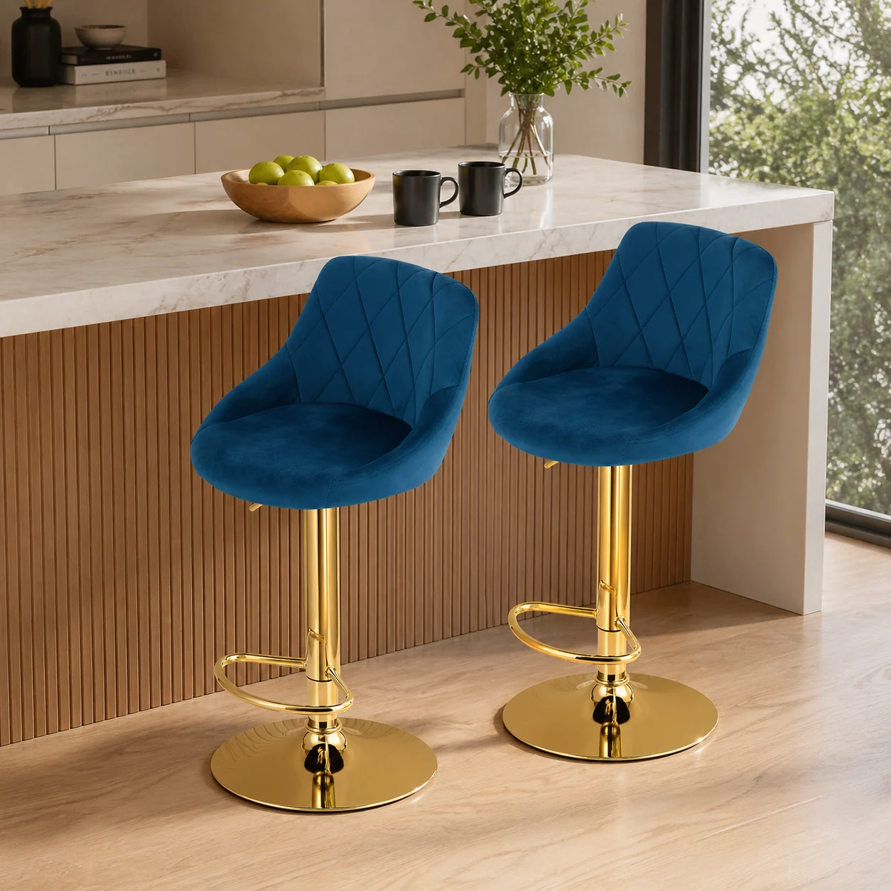 Set 2 scaune de bucatarie/bar, Artool, Kast, rotativ, catifea bleumarin, picior metal auriu, 45.5x49x85-105 cm 1 Set 2 scaune de bucatarie/bar, Artool, Kast, rotativ, catifea bleumarin, picior metal auriu, 45.5x49x85-105 cm