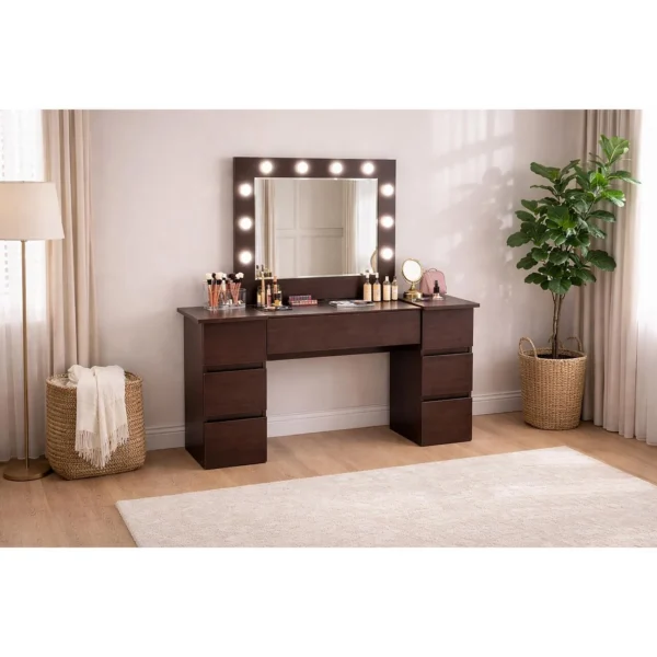 Masa de toaleta/machiaj, Antonia, wenge, cu oglinda si LED-uri, 155x42x135 cm - imagine 4