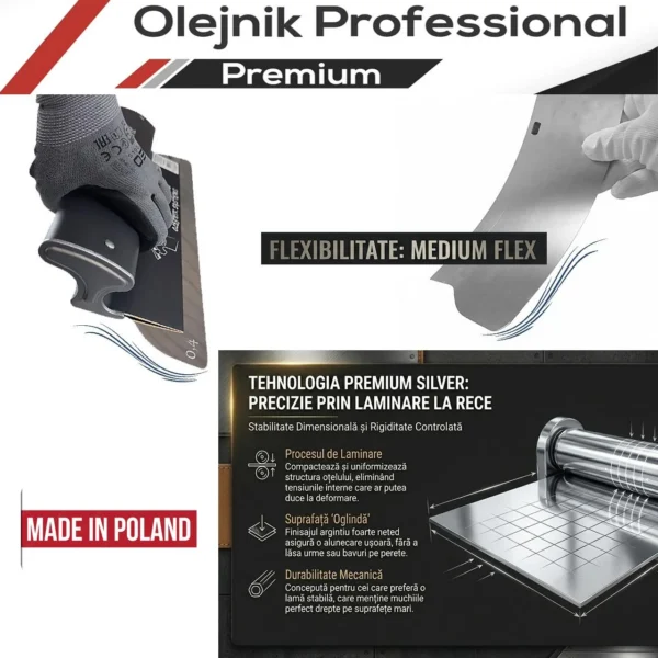 Gletiera profesionala, maner aluminiu, lama inox 0.4 mm, Premium Silver, Medium Flex, 80 cm, Ergoplane, Olejnik - imagine 8