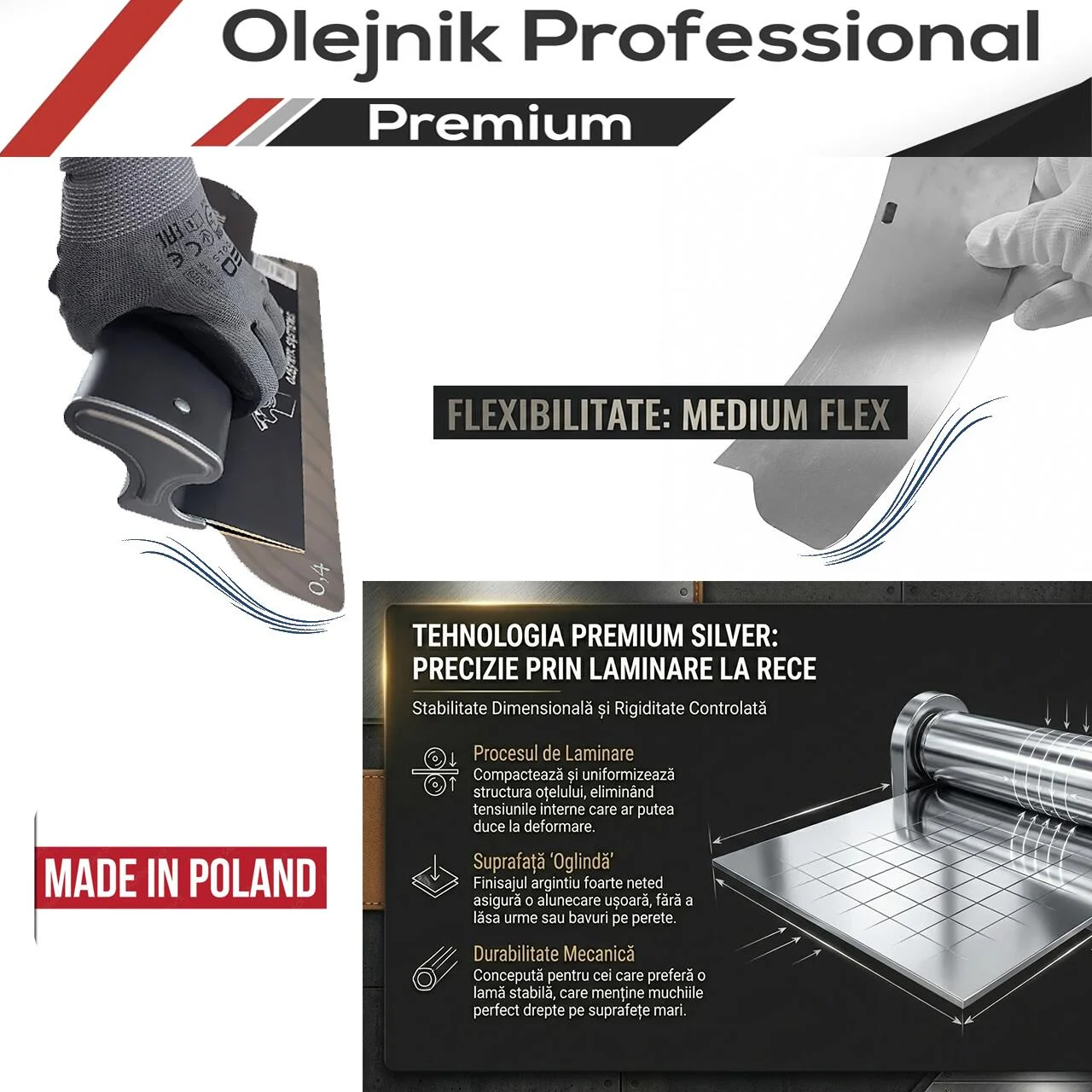 Gletiera profesionala, maner aluminiu, lama inox 0.4 mm, Premium Silver, Medium Flex, 80 cm, Ergoplane, Olejnik 3 Gletiera profesionala, maner aluminiu, lama inox 0.4 mm, Premium Silver, Medium Flex, 80 cm, Ergoplane, Olejnik