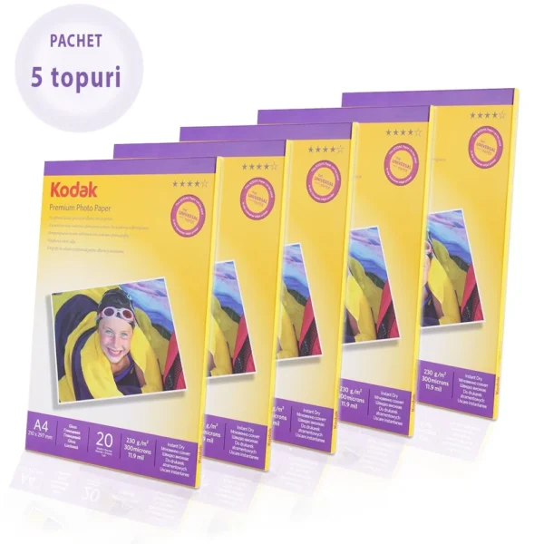 Pachet 5 topuri hartie foto glossy kodak, 230 g format a4, 100 coli Pachet 5 topuri hartie foto glossy kodak, 230 g format a4, 100 coli - imagine 1