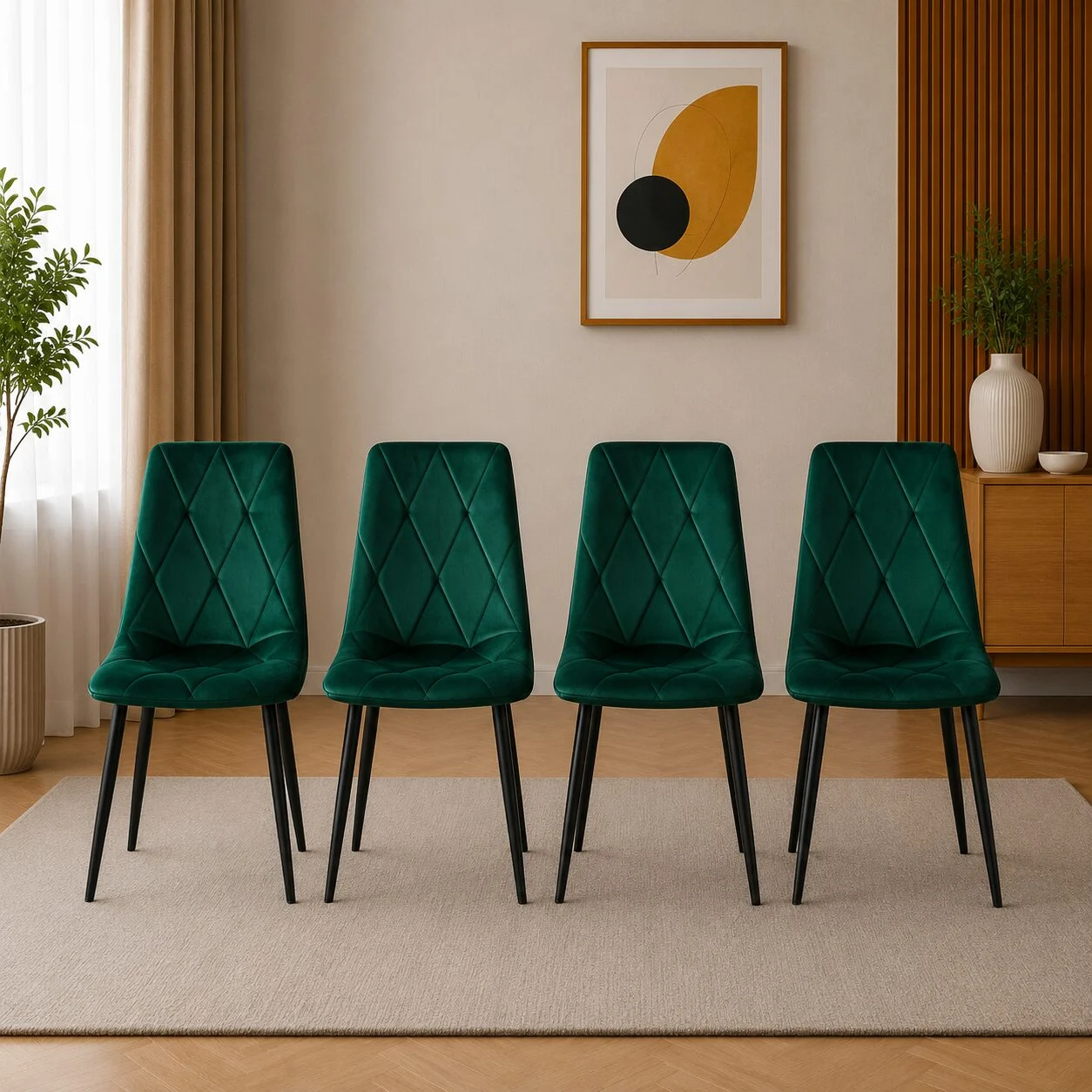 Set 4 scaune bucatarie/living, Artool, Libra, catifea verde, picioare metal negru, 44x40x88.5 cm Set 4 scaune bucatarie/living, Artool, Libra, catifea verde, picioare metal negru, 44x40x88.5 cm - imagine 1