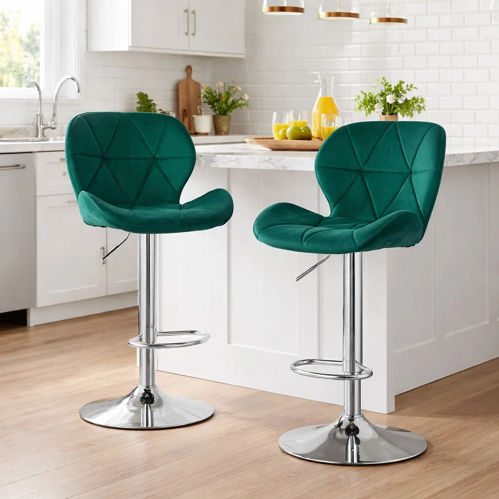 Scaun de bucatarie/bar, Artool, West, rotativ, catifea verde, picior metal argintiu, 46x48.5x90-111 cm 1 Scaun de bucatarie/bar, Artool, West, rotativ, catifea verde, picior metal argintiu, 46x48.5x90-111 cm