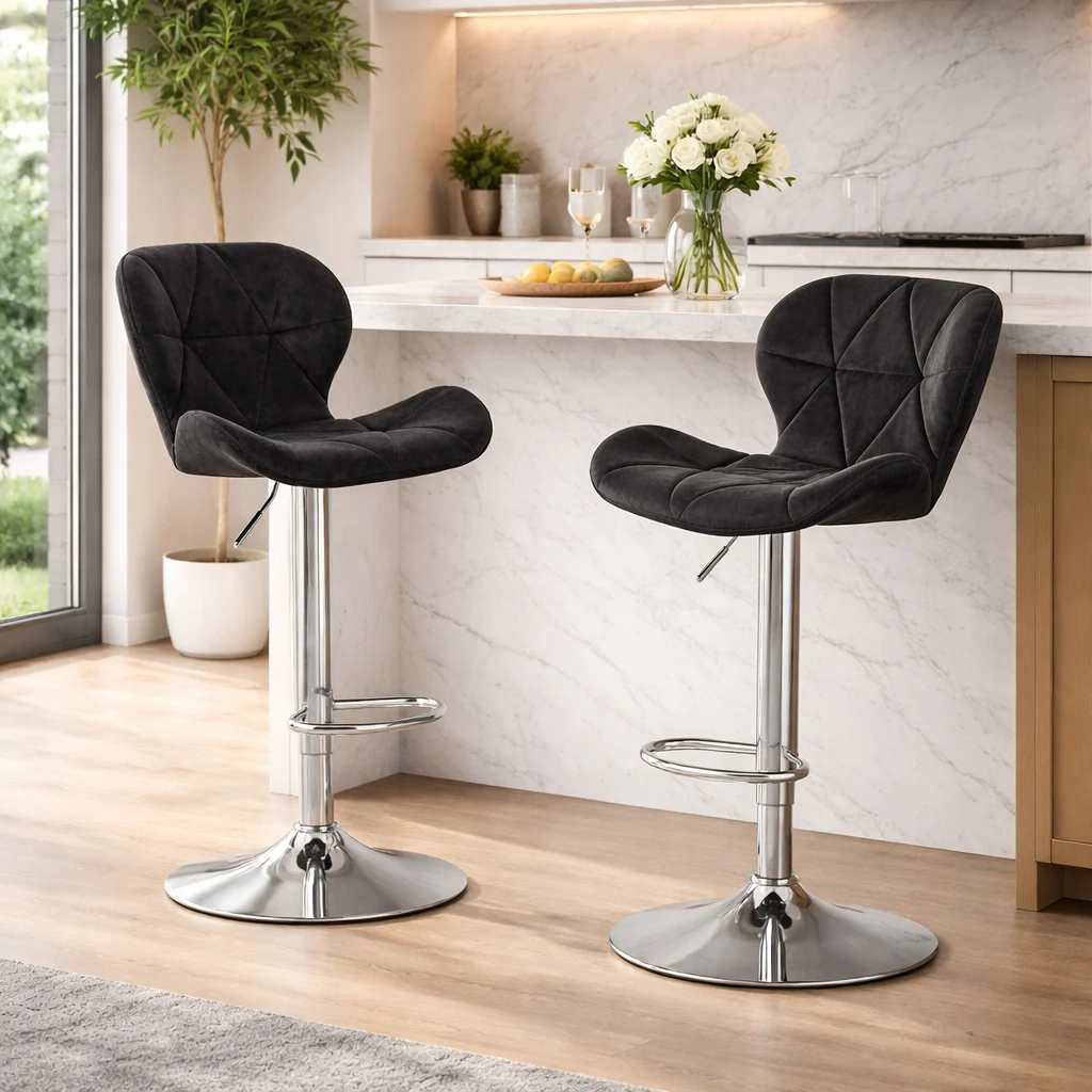 Scaun de bucatarie/bar, Artool, West, rotativ, catifea neagra, picior metal argintiu, 46x48.5x90-111 cm 1 Scaun de bucatarie/bar, Artool, West, rotativ, catifea neagra, picior metal argintiu, 46x48.5x90-111 cm