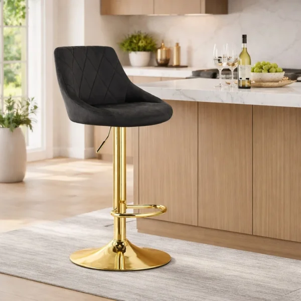 Scaun de bucatarie/bar, Artool, Kast, rotativ, catifea neagra, picior metal auriu, 45.5x49x85-105 cm - imagine 10