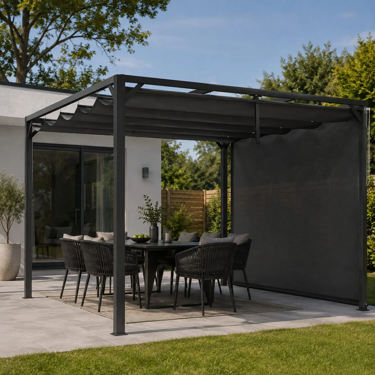 Pergola pentru gradina/terasa, retractabila, cu perete paravan, cadru aluminiu, gri inchis, 3x3x2.27 m Pergola pentru gradina/terasa, retractabila, cu perete paravan, cadru aluminiu, gri inchis, 3x3x2.27 m - imagine 1