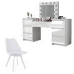 Set masa de toaleta/machiaj Antonia + scaun Mark, alb, sertare lucioase, cu oglinda si LED-uri, 155x42x135 cm