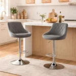 Set 2 scaune de bucatarie/bar, Artool, Kast, rotativ, catifea gri, picior metal argintiu, 45.5x49x85-105 cm