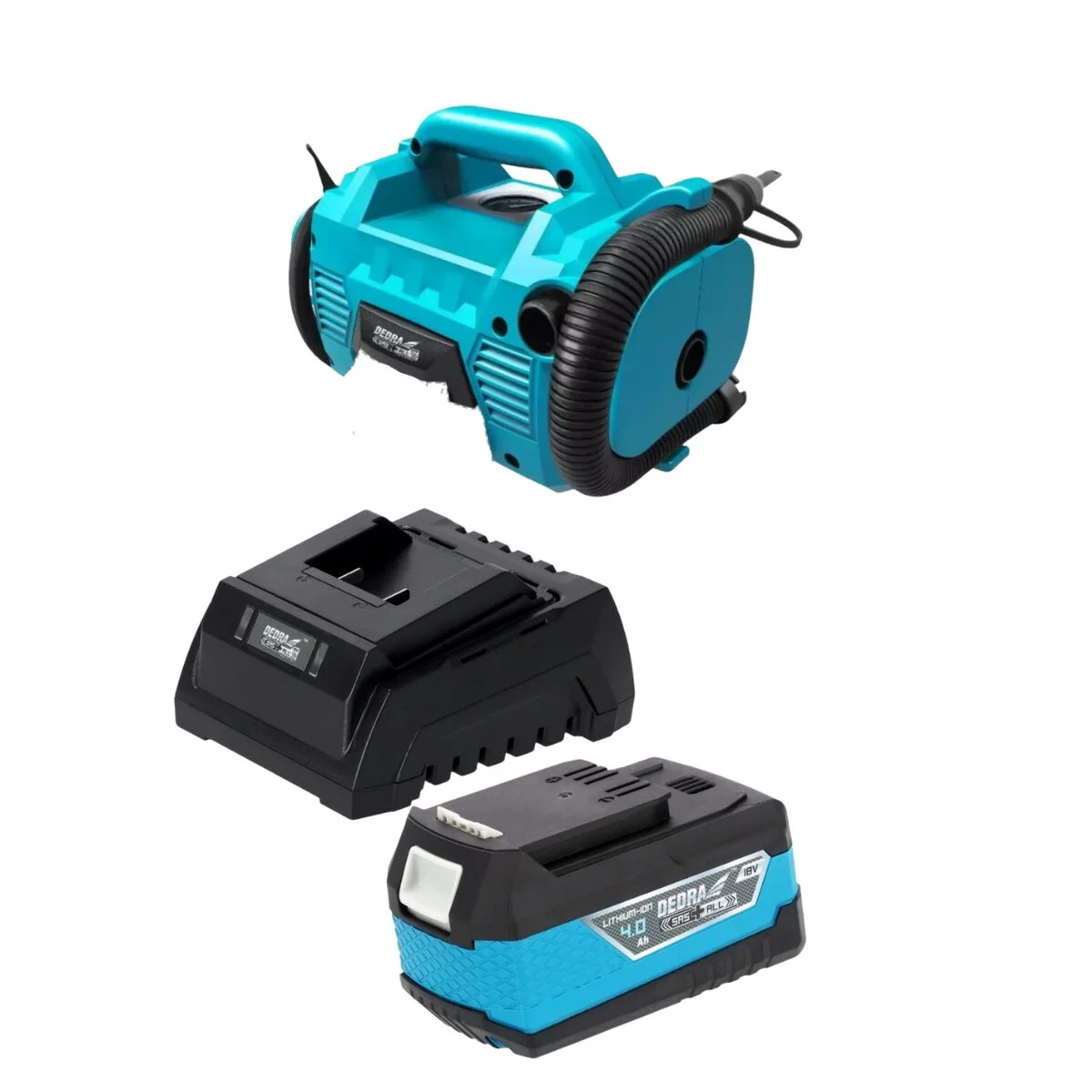 Compresor aer 18V Li-ion, SAS+ALL,10 bar, cu acumulator 4Ah si incarcator inclus, pompat anvelope, mingi si saltele gonflabile, Dedra Compresor aer 18V Li-ion, SAS+ALL,10 bar, cu acumulator 4Ah si incarcator inclus, pompat anvelope, mingi si saltele gonflabile, Dedra - imagine 1