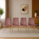 Set 4 scaune bucatarie/living, Artool, Libra, catifea roz, picioare metal auriu, 45x54x86.5 cm