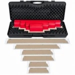 Set 4 gletiere profesionale, lama inox zimti 10x10 mm, 25, 40, 60, 80 cm, cu lame de rezerva cu zimti, geanta, Ergolite, Olejnik
