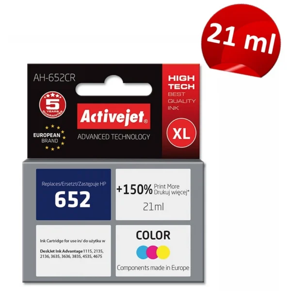 Cartus compatibil hp 652 xl color pentru hp, 21 ml, premium activejet, garantie 5 ani - imagine 3