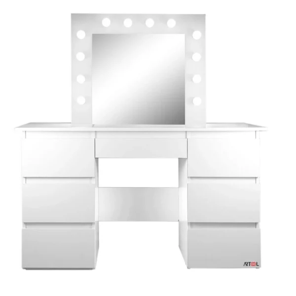 Masa de toaleta/machiaj + scaun Lars, alba, cu oglinda si LED-uri, Vanessa, 130x43x143 cm - imagine 11