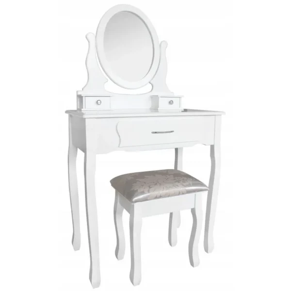 Set masa de toaleta si scaun, oglinda ovala, 3 sertare, design vintage, alb - imagine 2